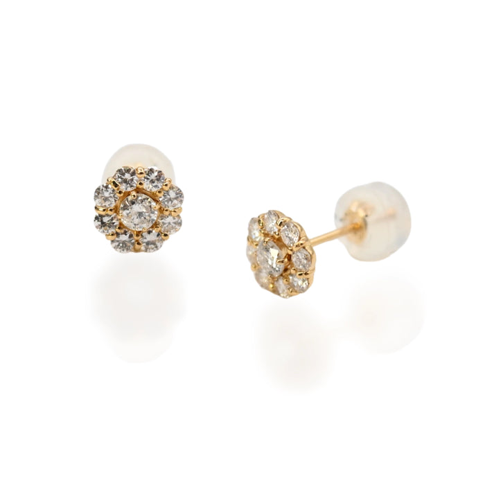 18K Yellow Gold & Diamond Flower Stud Earrings