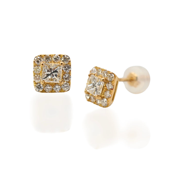 18K Yellow Gold & Diamond Rounded Square Stud Earrings