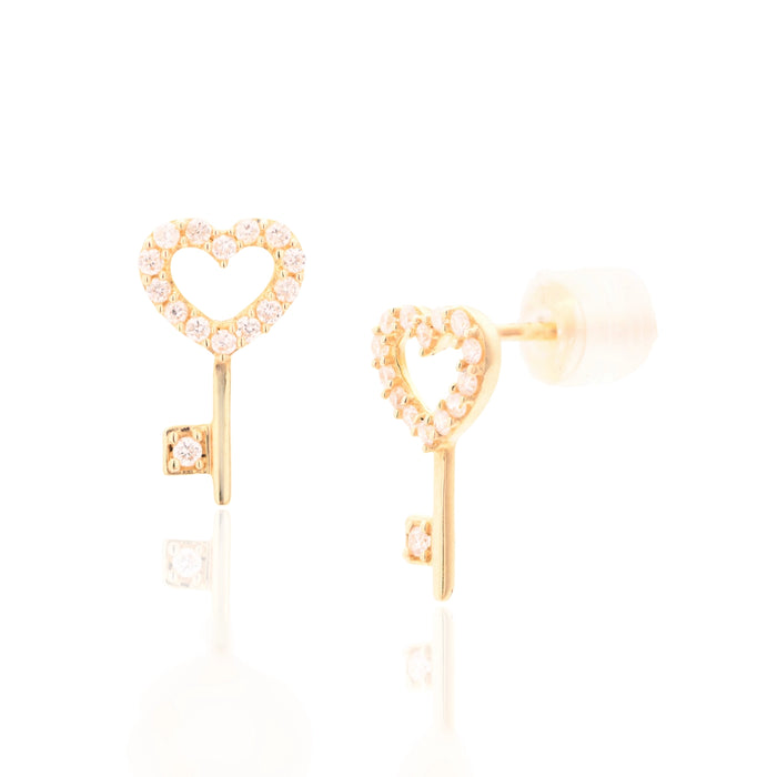 18K Yellow Gold & Diamonds Heart Key Stud Earrings