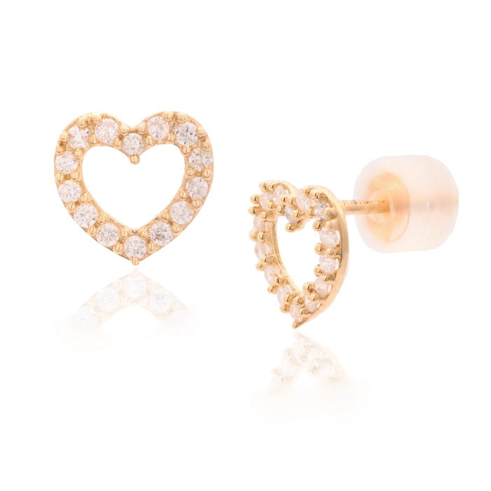 18K Yellow Gold & Diamonds Open Heart Stud Earrings