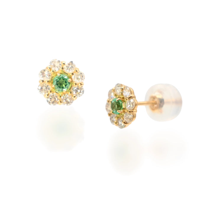 18K Yellow Gold Emerald & Diamond Flower Stud Earrings