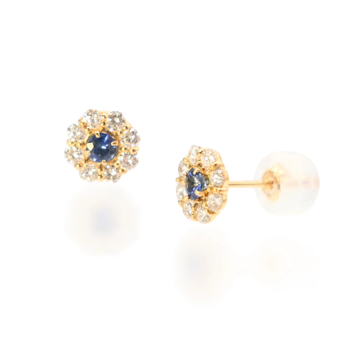 18K Yellow Gold Sapphire & Diamond Flower Stud Earrings