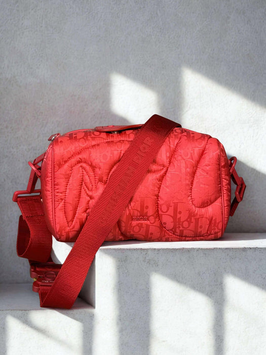 CHRISTIAN DIOR Stitch Red Nylon Shoulder Bag RANK A