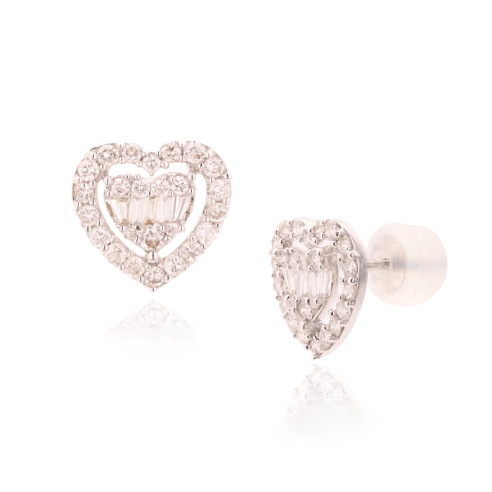 18K White Gold & Diamonds Double Heart Pavé Earrings
