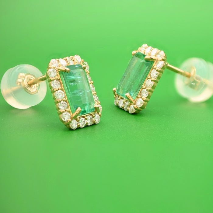 K18 Yellow Gold Emerald & Diamonds Halo Stud Earrings