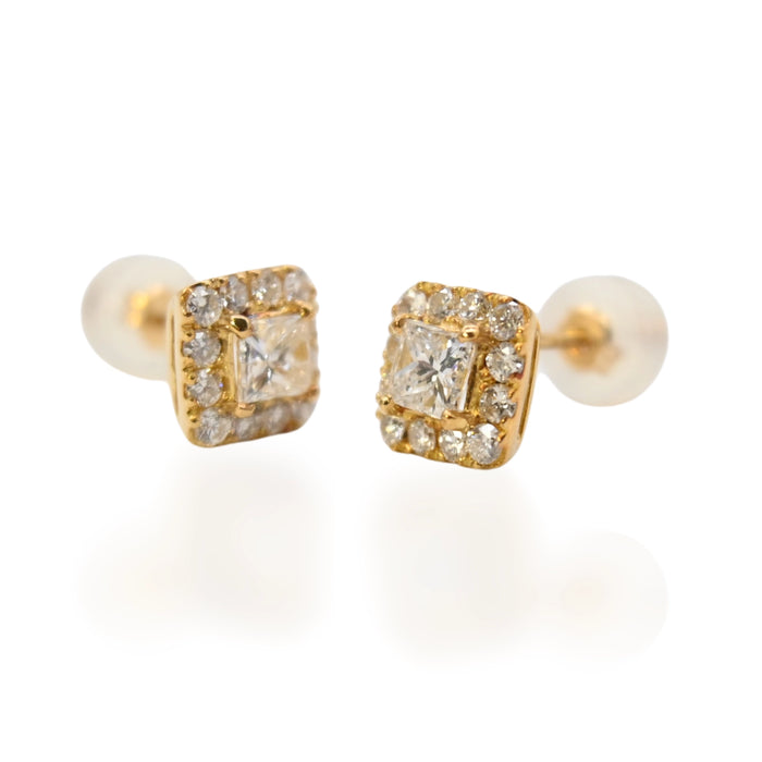 18K Yellow Gold & Diamond Rounded Square Stud Earrings
