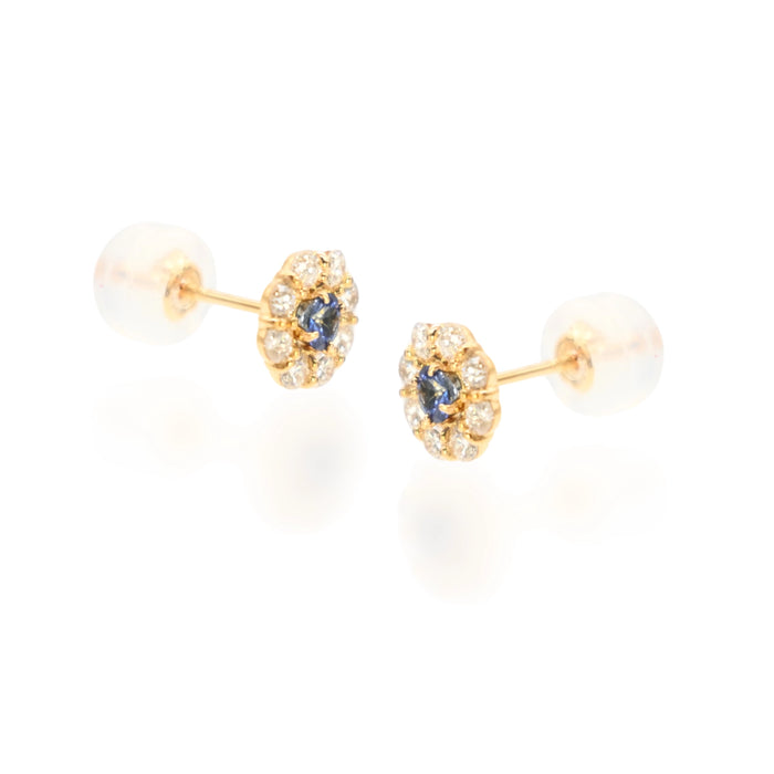 18K Yellow Gold Sapphire & Diamond Flower Stud Earrings