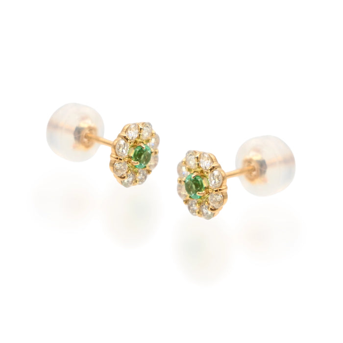 18K Yellow Gold Emerald & Diamond Flower Stud Earrings
