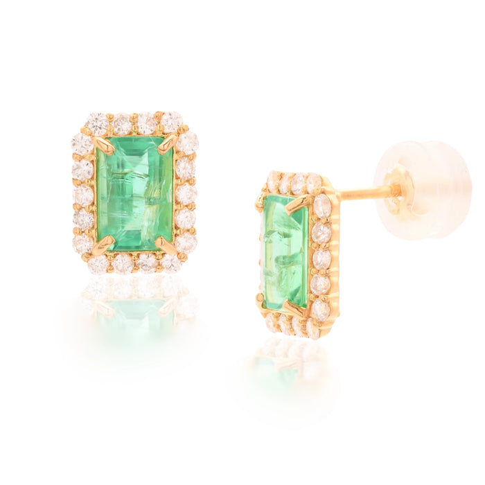 K18 Yellow Gold Emerald & Diamonds Halo Stud Earrings