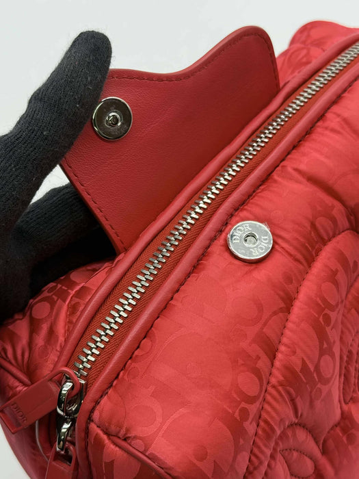 CHRISTIAN DIOR Stitch Red Nylon Shoulder Bag RANK A