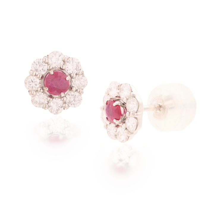 Ruby & Diamond Flower Stud Earrings